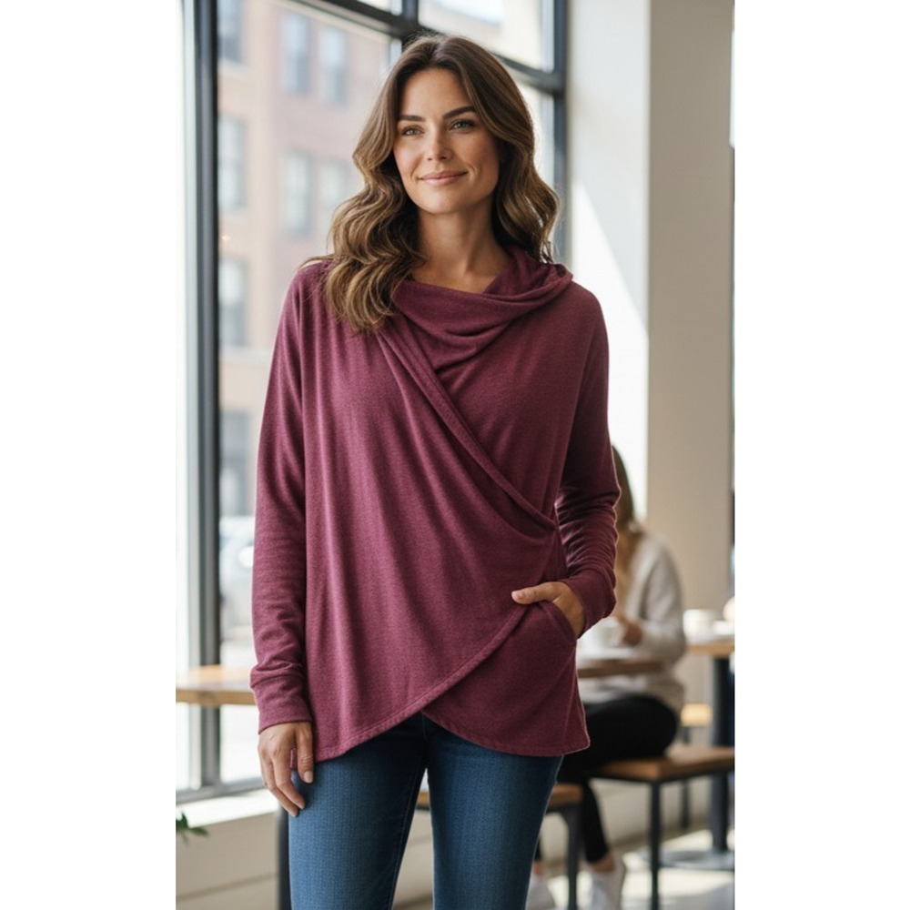 Athleta Sz M Purana Hooded Sweatshirt Wrap Front Nirvana Soft Fleece Cabernet